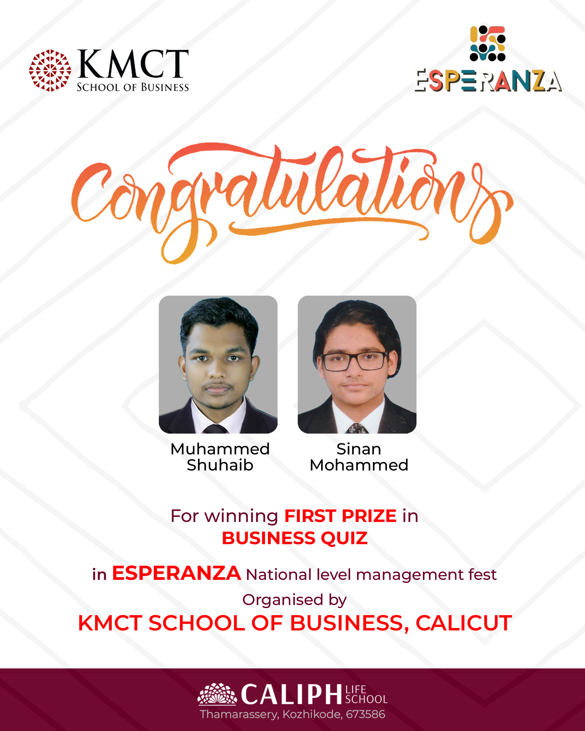 FIRST PRIZE IN BUSINESS QUIZ, ESPERANZA MANAGEMENT FEST